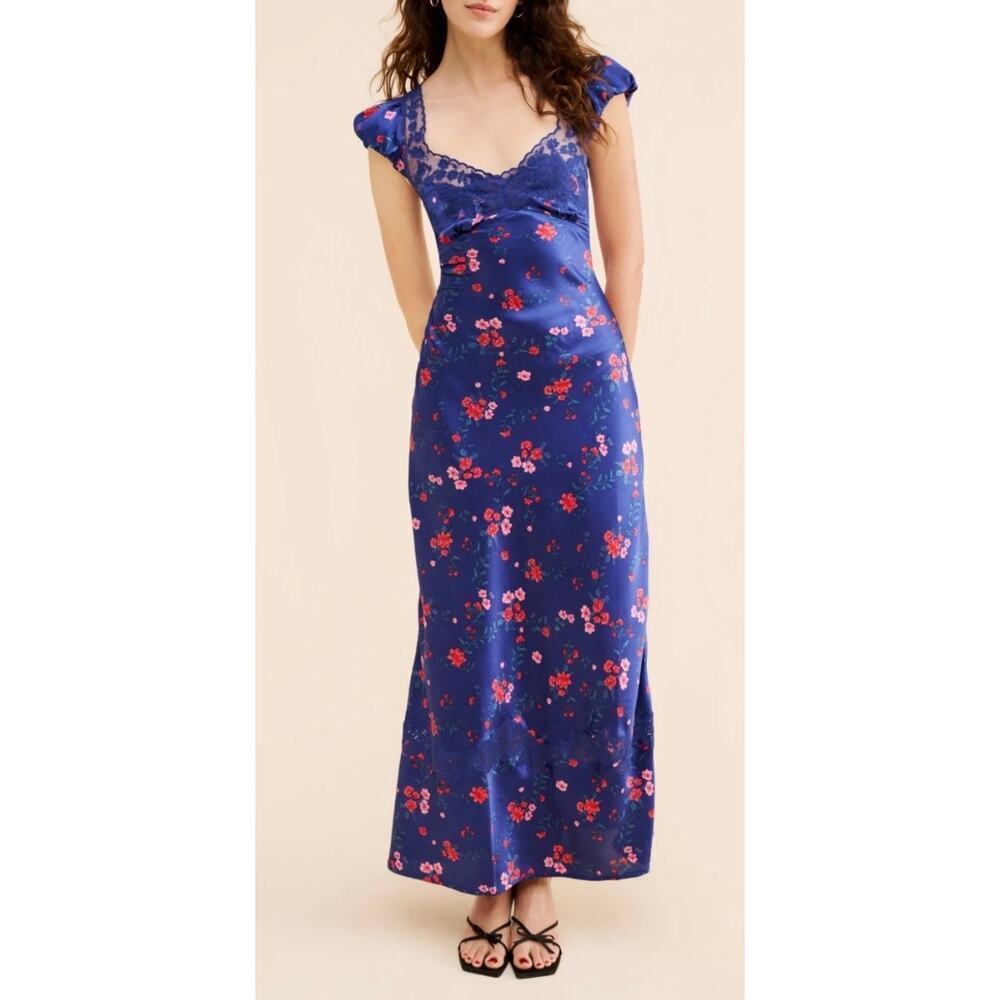 Free People Butterfly Babe Floral Blue Lace Boho Maxi Sz Large - Picture 2 of 8